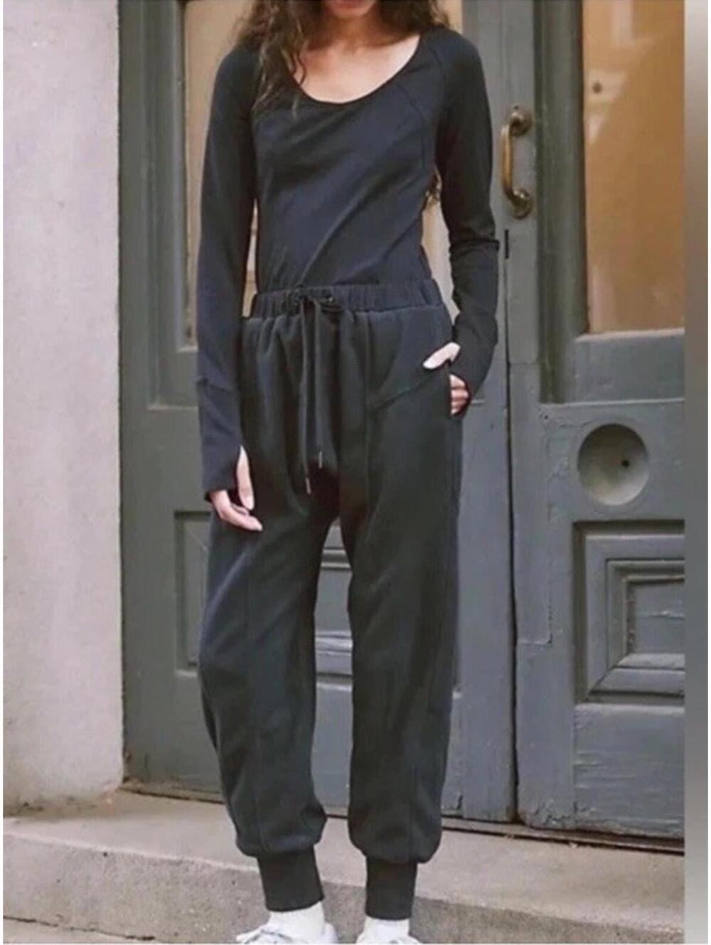 Free People FP Movement Make It Count Jumpsuit Black M Comfy Fleece NEW! $118